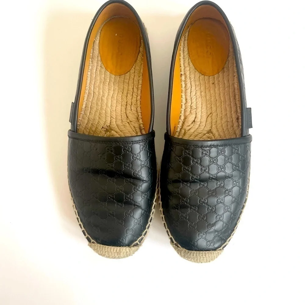 GUCCI Black Microguccissima Leather Slip On Espadrille Flats EU 38